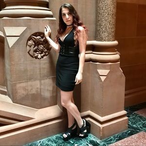 Black Bodycon V-Neck Star Wars Dress w/ Faux Leather Underbust Corset Style Belt